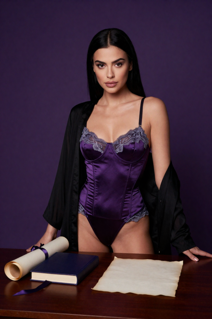 Fictional 28-year-old woman in a purple satin corset beside a closed biography and a rolled parchment scroll