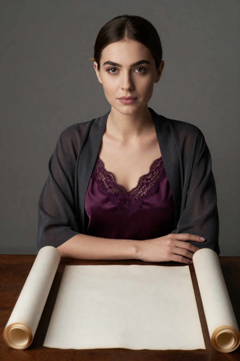 Fictional 26-year-old woman in a plum satin camisole at a desk with a completely blank parchment scroll